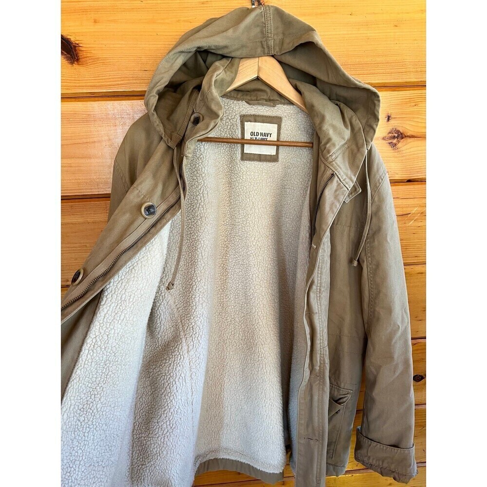VTG Old Navy Utility Military Jacket Khaki Pockets Full Zip Sherpa Lined XL